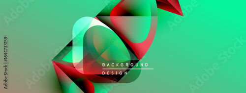 Abstract fluid shapes overlap, creating dynamic visual effect. Green background complements red, black elements. Modern design.
