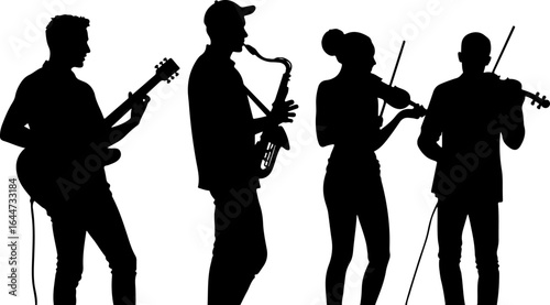 Silhouettes in Harmony"  musicians band, guitar, saxophone, man rock, classical, vector bundle