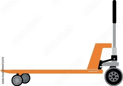 A side view of an orange pallet jack with black wheels and a gray handle on a white background