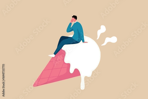 Illustration of a man sitting on a melting ice cream cone with a beige background and a pensive posture