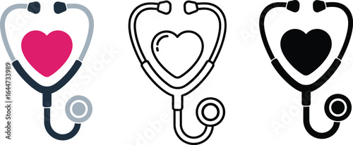 Three stethoscope illustrations with heart shapes inside them