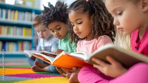 Group of Children Reading on Colorful Rug in Library Surrounded by Bookshelves perfect for literacy campaigns, school library promotions, early education materials and inclusive reading programs