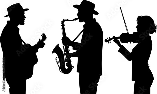Silhouette of a Live Band Performance" guitar, saxophone, violin, drums, silhouette, music 