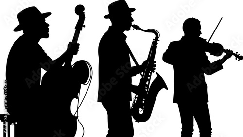 Silhouette of a Live Band Performance" guitar, saxophone, violin, drums, silhouette, music 