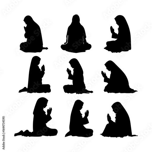Muslim Woman Praying Silhouettes Vector Art Icons and Graphics