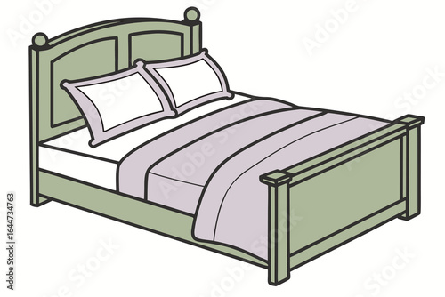 Illustration of a Bed with a Sage Green Frame, Pillows, and Lilac Bedspread