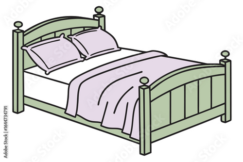 Illustration of a Bed with Pillows and Blanket in Light Green and Pink Hues