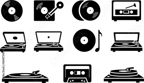 retro music, cassette tape, vinyl record, music icons,  vector