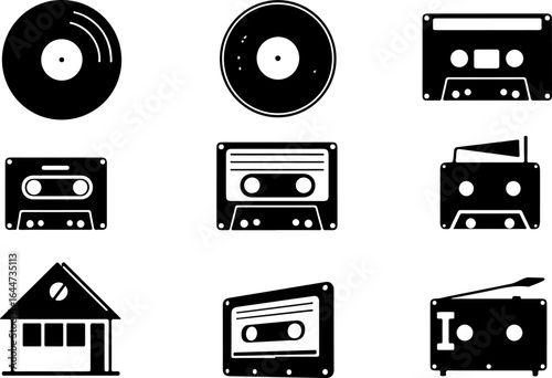 retro music, cassette tape, vinyl record, music icons,  vector