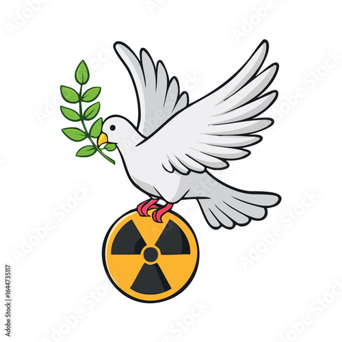 White dove of peace with an olive branch perched on a nuclear radiation symbol, a concept for disarmament and anti-war movements.