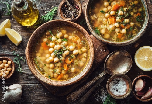 Hearty chickpea soup in rustic bowls