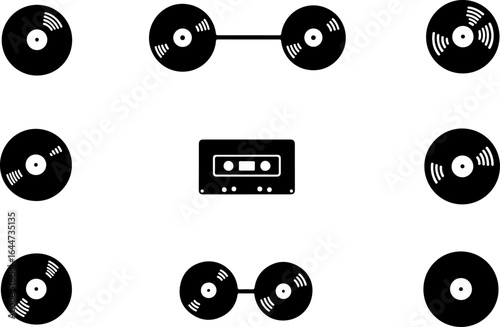 retro music, cassette tape, vinyl record, music icons,  vector