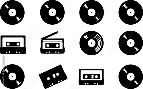Retro Music Icons Collection – Vinyl & Cassette Silhouettes" vector bundle