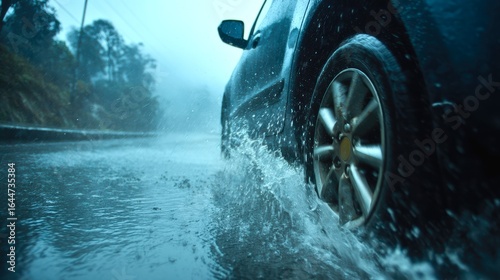 Car Driving Through Heavy Rain on a Wet Road in a Gloomy Environment