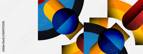 Abstract geometric composition. Circles, arcs, rectangles intersect, creating vibrant color contrasts on white background. Modern design elements present.