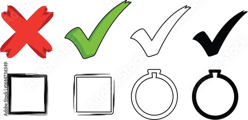 Illustration of a red x mark, green check marks and other shapes