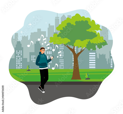 A young man thinks positively and listens to music outdoors.