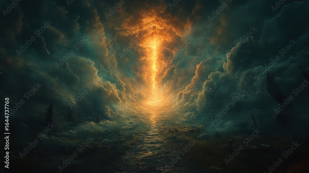 Fototapeta premium Abstract glowing light descends through dark clouds onto a reflective surface.