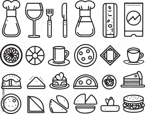 Collection of food and drink icons, a vector set with black silhouettes of cooking, restaurant, and kitchen symbols like pizza, coffee cups, wine bottles, and chef hats