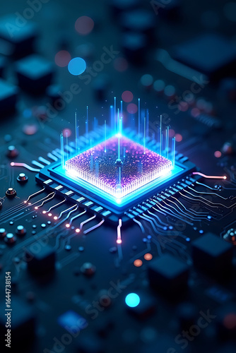 Glowing central processing unit on a circuit board, radiating energy and data.