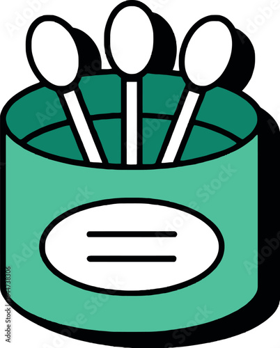 Illustration of a teal container with cotton swabs inside and a white label on the front side of it
