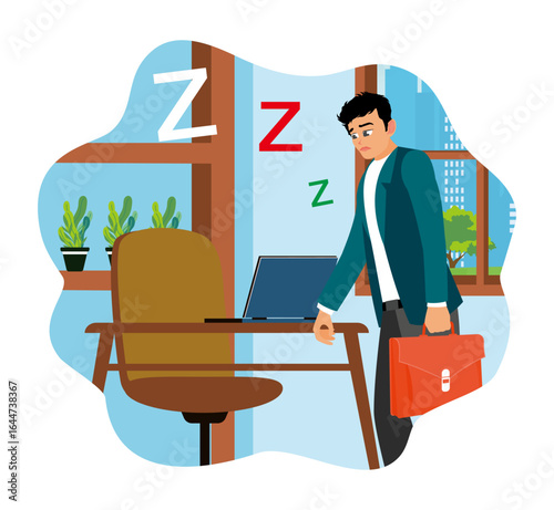 A businessman looking tired at the office during a workday.