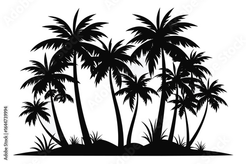 Palm Tree Silhouette Illustration Tropical Island with Black Palms and Foliage on White