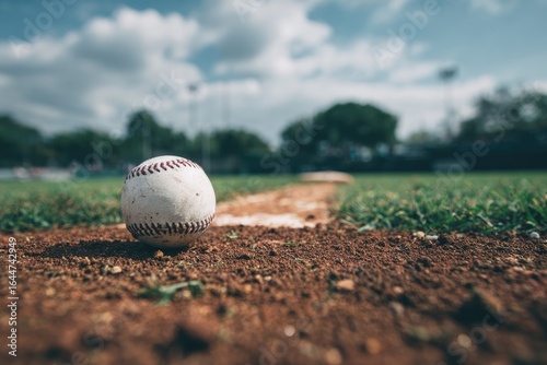 A worn baseball sits on a baseball field's dirt path, bathed in sunlight.  A blurred background shows the outfield and sky