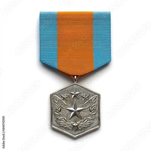 Medal with orange and light blue ribbon,  hexagonal silver medal, stars and wreath