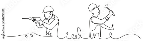 Continuous line art of two men working as construction workers, one is drilling and the other is holding a hammer. This icon is isolated with a transparent background.