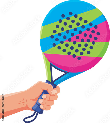 A hand grips a vibrant, colorful paddle tennis racket, ready for a game.