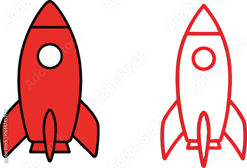 Dual red rocketship illustrations on white background, concept of exploration