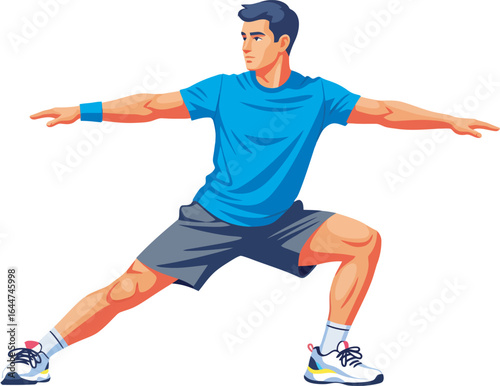 A young man performing a side lunge exercise, arms outstretched, looking away.