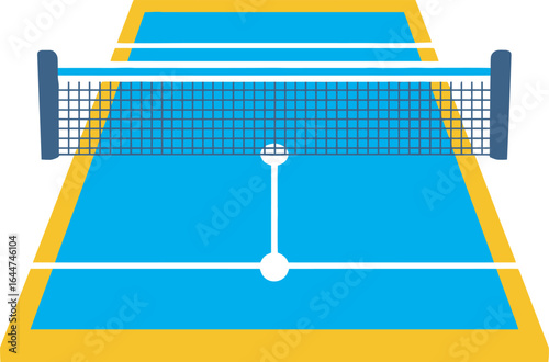 A top-down view of a regulation table tennis table, complete with net and balls, ready for a match.