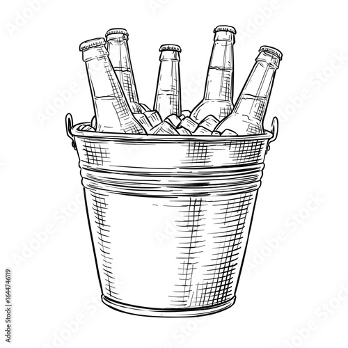 beer bottles in ice bucket vector line art hand drawn illustration