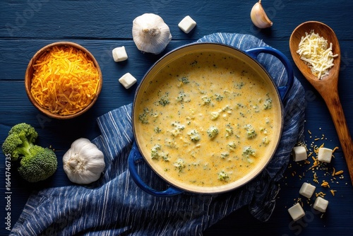 Creamy broccoli cheddar soup ingredients arranged around a blue dutch oven