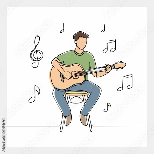 A musical performance illustrated in one continuous stroke—guitar, rhythm, and flow.