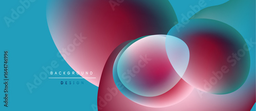Abstract fluid shapes overlap, creating vibrant color gradients. Blue background complements pinks, reds, greens. Modern design element.