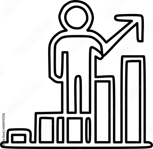 Person standing on rising bar graph, indicating growth and success.