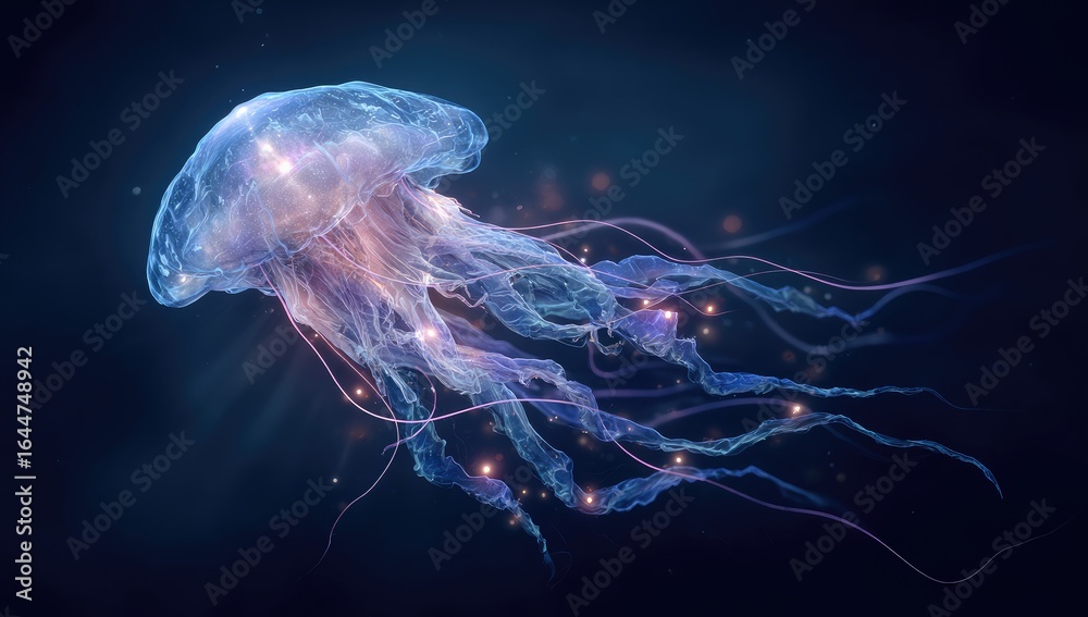 Fototapeta premium A bioluminescent jellyfish, rendered in vibrant blues and purples, drifts in a dark ocean, its tentacles trailing glowing particles