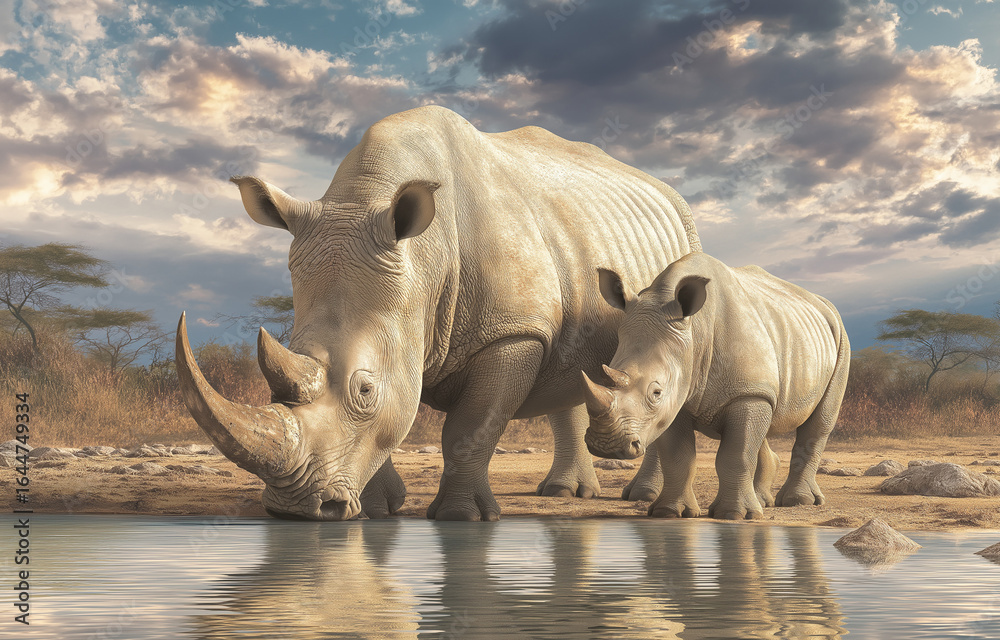 Fototapeta premium Photograph of a rhinoceros and its calf at the watering hole in Kruger,