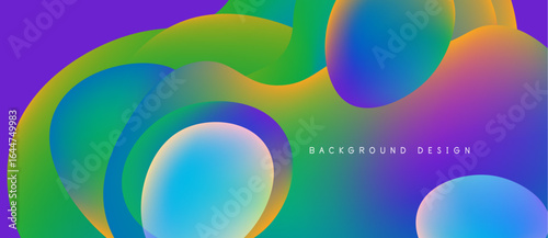 Abstract colorful shapes overlap, creating vibrant gradients. Smooth transitions between purple, green, blue, orange hues dominate composition.