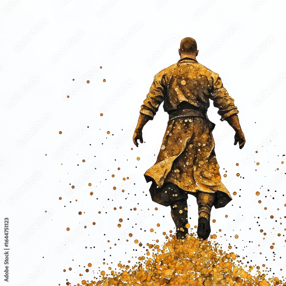 Fototapeta premium Solitary Figure in Gold Robe Walking Away on White Background