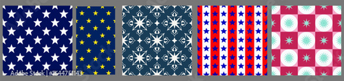 Retro Rhythm Pattern Pack – 5 Seamless Textile Designs Featuring Stars, Dots, Geometrics, and Stripes for Fashion, Packaging, and Decor