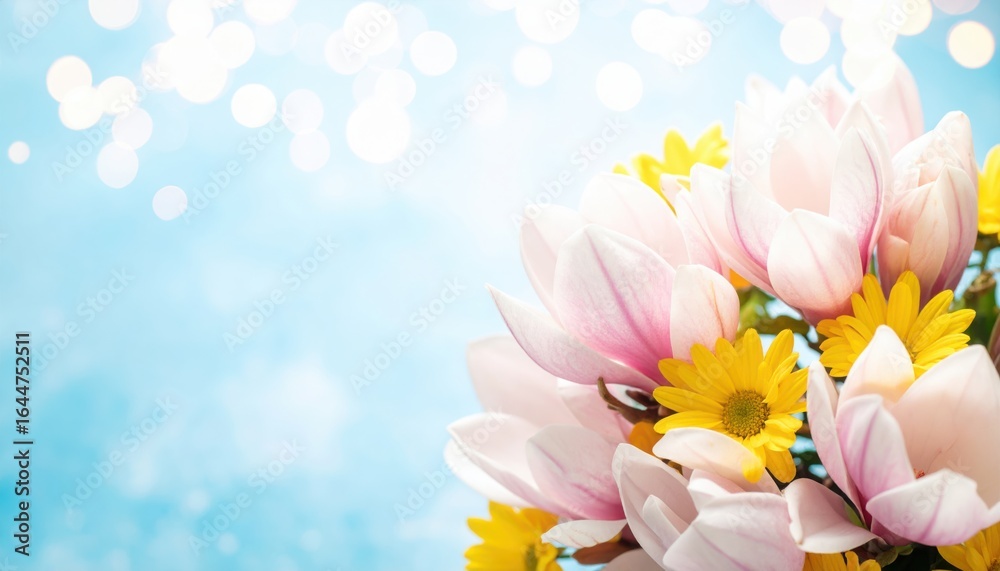 Obraz premium Beautiful bouquet of pink magnolia and yellow daisy flowers on bright blue bokeh background, fresh spring floral arrangement for design, greeting cards, wedding decor, and seasonal celebration