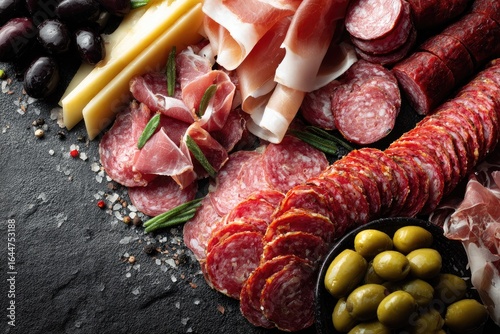 Assorted cured meats and cheeses on a dark stone board