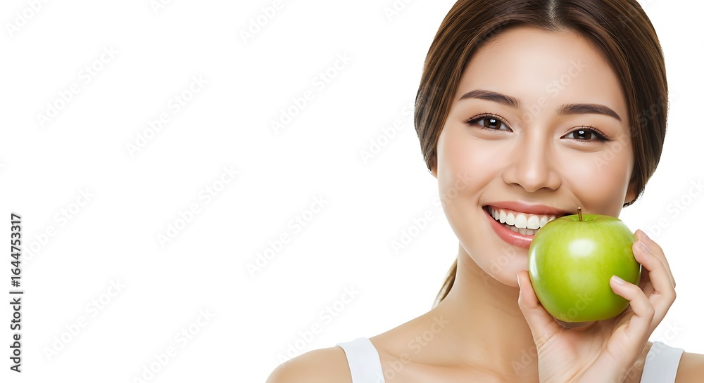 Smiling Asian woman holds a green apple promoting healthy eating Smiling Asian woman holds a green apple promoting healthy eating