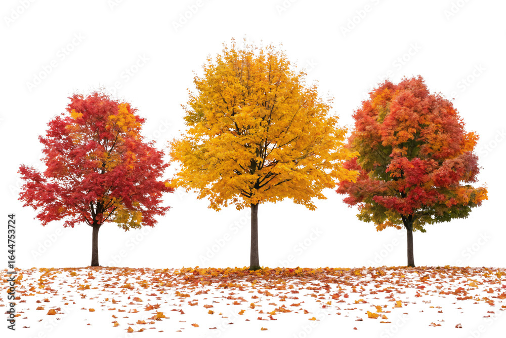 Naklejka premium Three autumn trees in full fall foliage displaying red yellow orange colors with scattered leaves, isolated on a transparent background