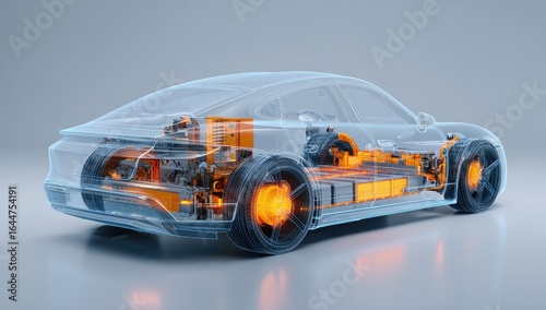 Transparent, detailed view of an electric vehicle's internal components
