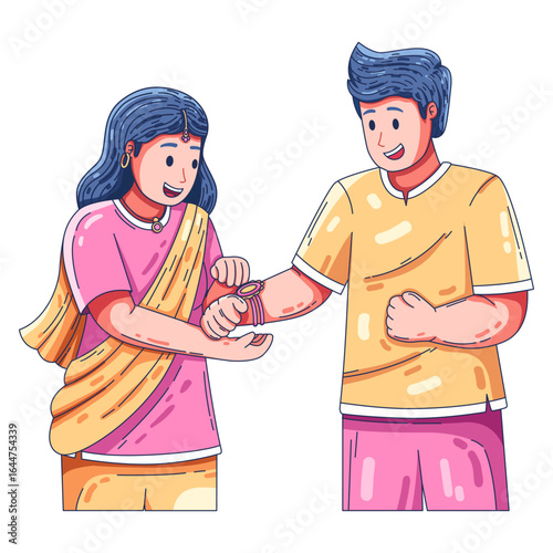 Raksha Bandhan india tradition illustration with two individuals participating in a traditional bracelet-tying ceremony.
